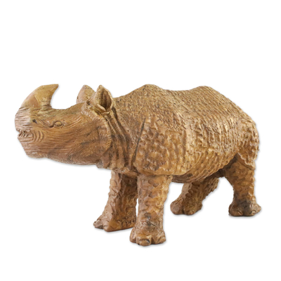 Hand-Carved Wood Rhino Sculpture from Thailand