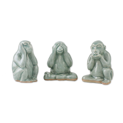 Celadon Ceramic Wise Monkey Figurines (Set of 3)