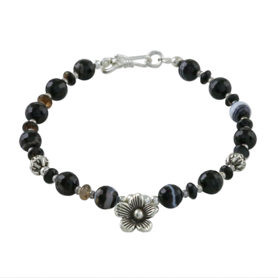 Black Agate and Thai Hill Tribe Silver Floral Charm Bracelet