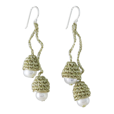 Thai Cultured Pearl Dangle Earrings in Gold and White