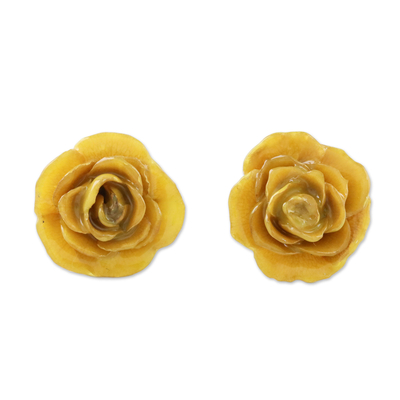 Resin Dipped Yellow Real Miniature Rose Button Earrings