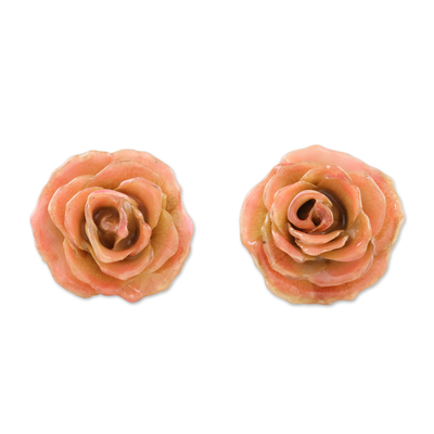 Resin Dipped Light Orange Miniature Rose Button Earrings