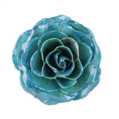 Resin Dipped Teal-Colored Real Rose Brooch from Thailand