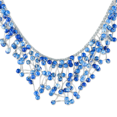Glass Beaded Waterfall Necklace in Deep Blue from Thailand