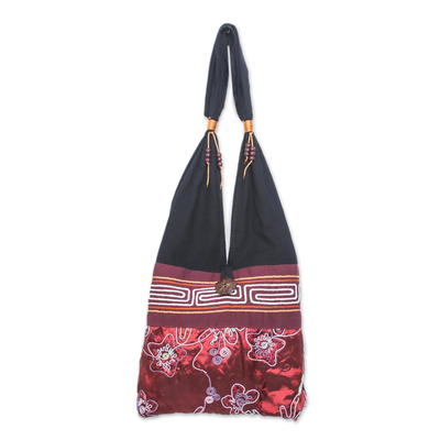 Black and Red Cotton with Floral Pattern Shoulder Bag