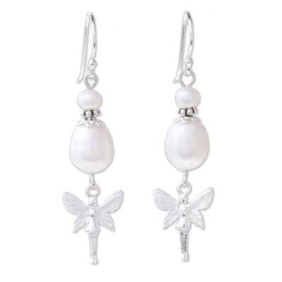 Angel Themed Cultured Pearl Dangle Earrings from Thailand