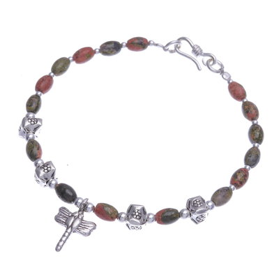 Dragonfly Charm 950 Silver and Unakite Bracelet