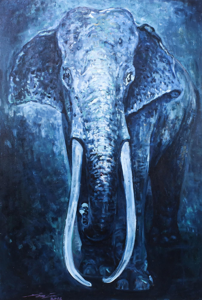 Original Oil On Canvas of Elephant in Blue Shades