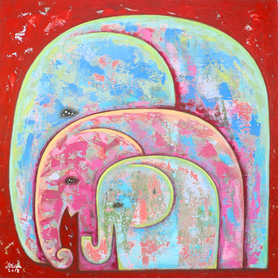 Signed Naif Painting of an Elephant Family from Thailand