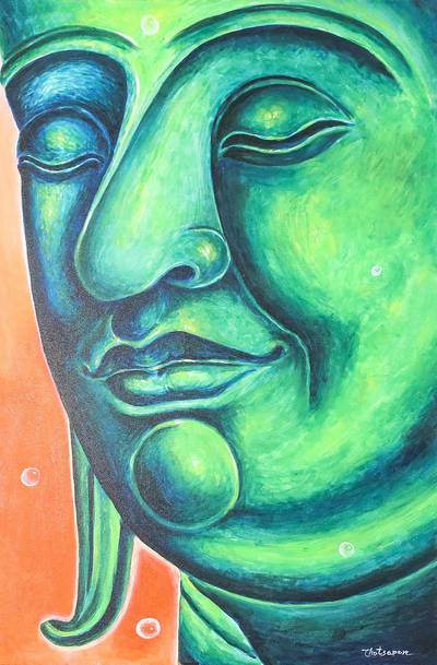 Signed Expressionist Painting of Buddha in Green