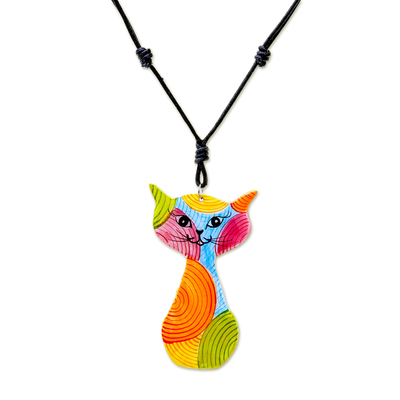 Colorful Ceramic Cat Pendant Necklace from Thailand