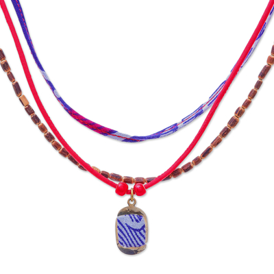 Many Strands Blue and Red Wood Cotton Brass Pendant Necklace