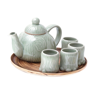 Celadon Ceramic Elephant Tea Set and Bamboo Tray (Set for 4)