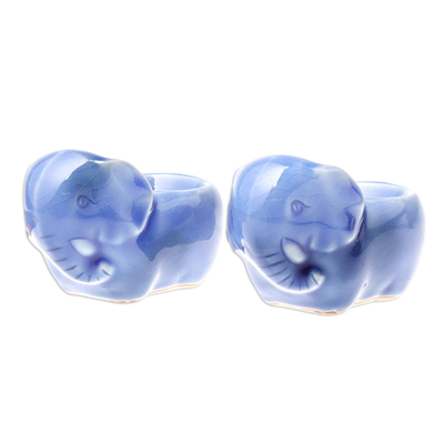 Blue Ceramic Elephant Egg Cups from Thailand (Pair)