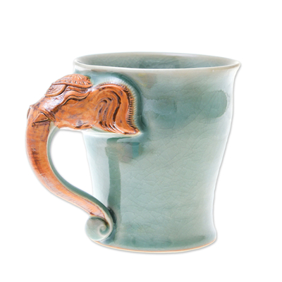 Celadon Ceramic Elephant Mug in Green from Thailand (10 oz.)
