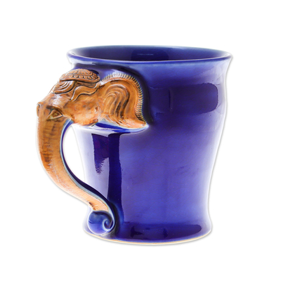 Celadon Ceramic Elephant Mug in Blue from Thailand (10 oz.)