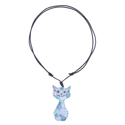 Ceramic Cat Pendant Necklace with Blue Painted Floral Motifs