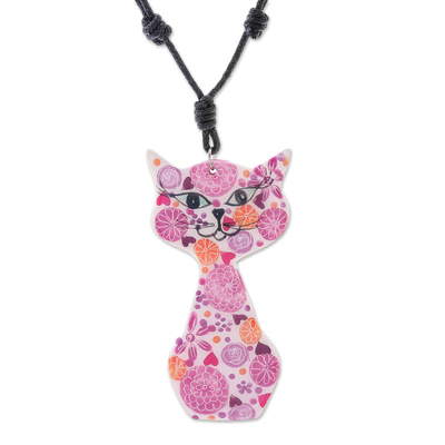 Ceramic Cat Pendant Necklace with Pink Painted Floral Motifs