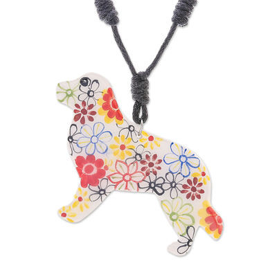 Ceramic Dog Pendant Necklace with Painted Floral Motifs