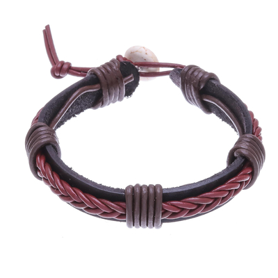 Braided Leather Wristband Bracelet in Brown from Thailand