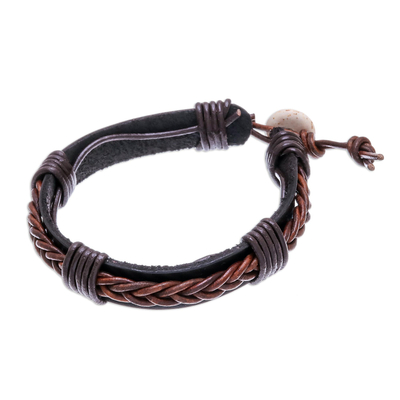 Leather Wristband Bracelet with Braided Accent in Brown