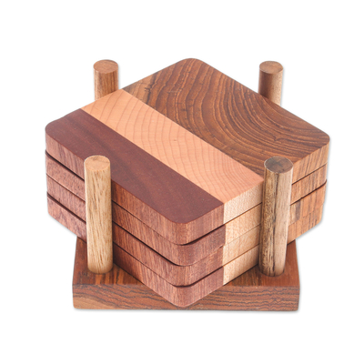 Handmade Wood Coasters and Holder from Thailand (Set of 4)