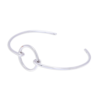 Modern Sterling Silver Cuff Bracelet with a Circular Pendant