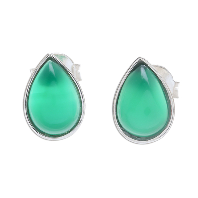 Drop-Shaped Green Onyx Stud Earrings from Thailand