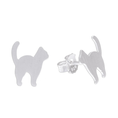 Brushed-Satin Sterling Silver Cat Stud Earrings