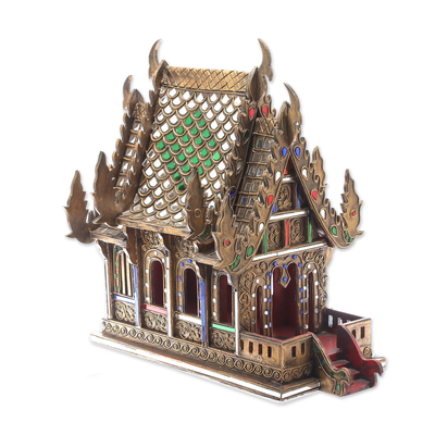 Wood and Glass Spirit House Handcrafted in Thailand (16 in.)