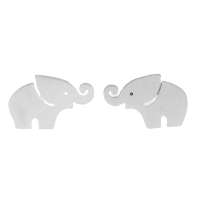 Sterling Silver Elephant Stud Earrings with Curled Trunks