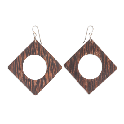 Square Dark Lontar Wood Dangle Earrings from Thailand