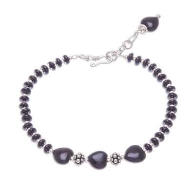 Heart-Themed Black Onyx Beaded Bracelet from Thailand