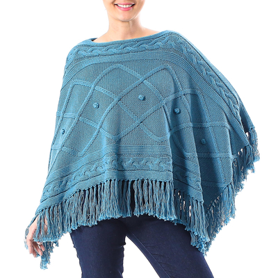 Short Knit Cotton Poncho in Cerulean from Thailand