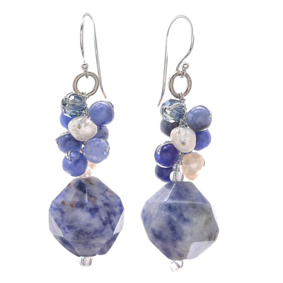 Lapis Lazuli and Cultured Pearl Beaded Cluster Earrings