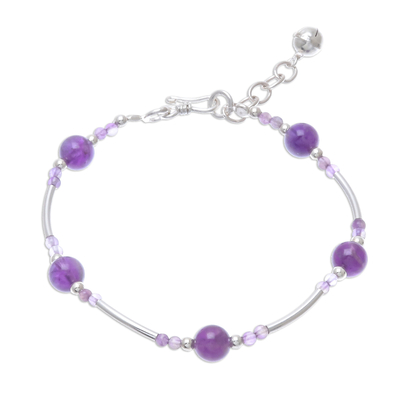 Amethyst Beaded Bracelet with a Bell Charm from Thailan