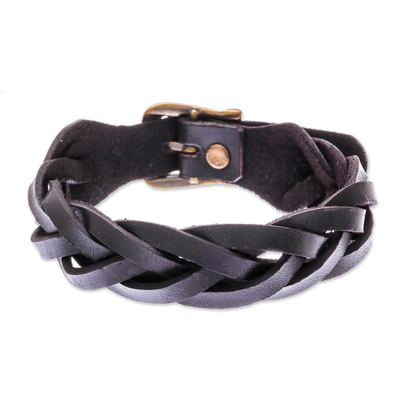 Braided Leather Wristband Bracelet in Black from Thailand