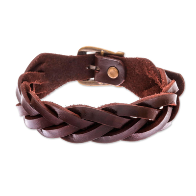 Leather Braided Wristband Bracelet in Espresso from Thailand