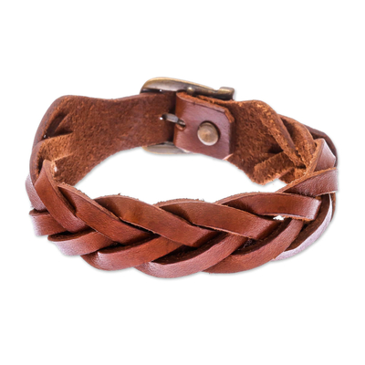 Leather Braided Wristband Bracelet in Chestnut from Thailand