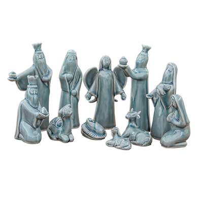 Blue Celadon Ceramic Nativity Scene (11 Piece)