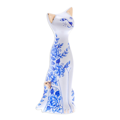 Floral Benjarong Porcelain Cat Statuette (7.5 in.)
