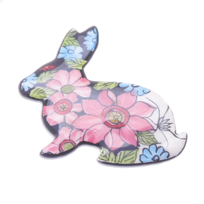 Hand-Painted Floral Ceramic Rabbit Brooch from Thailand