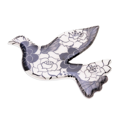 Black Floral Ceramic Dove Brooch Pin from Thailand