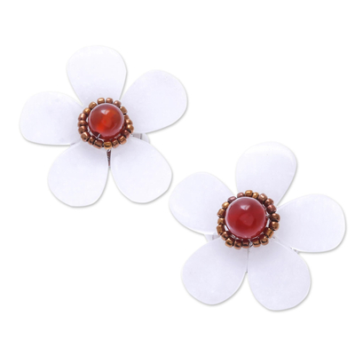 Floral Quartz and Carnelian Clip-On Earrings from Thailand