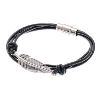 Stainless Steel and Black Leather Feather Pendant Bracelet