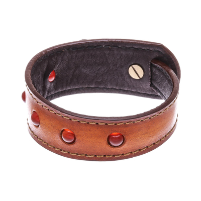 Carnelian and Brown Leather Wristband Bracelet from Thailand