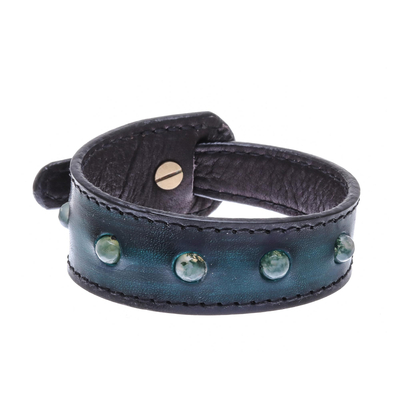 Blue-Green Agate and Leather Wristband Bracelet