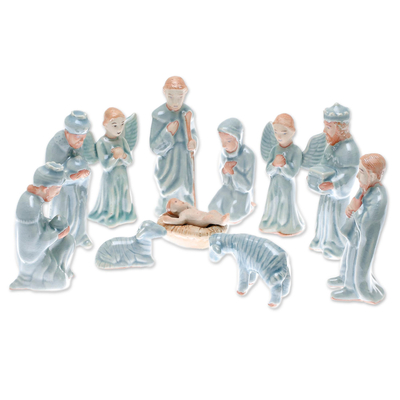 Celadon Ceramic Nativity Scene from Thailand (11 Piece)
