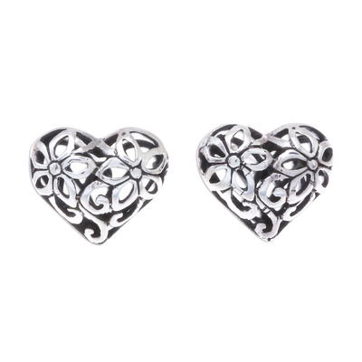 Heart-Shaped Floral Sterling Silver Stud Earrings