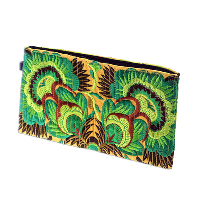 Green Floral Cotton Blend Clutch from Thailand